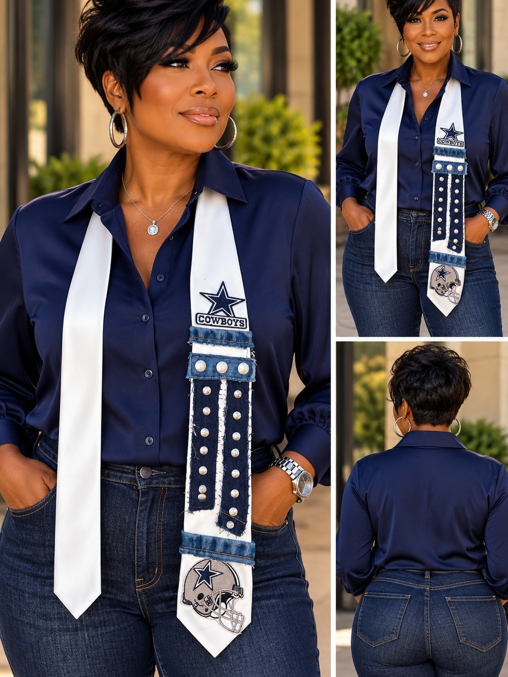 Women’s Navy and White Cowboys Decorative Scarf Tie